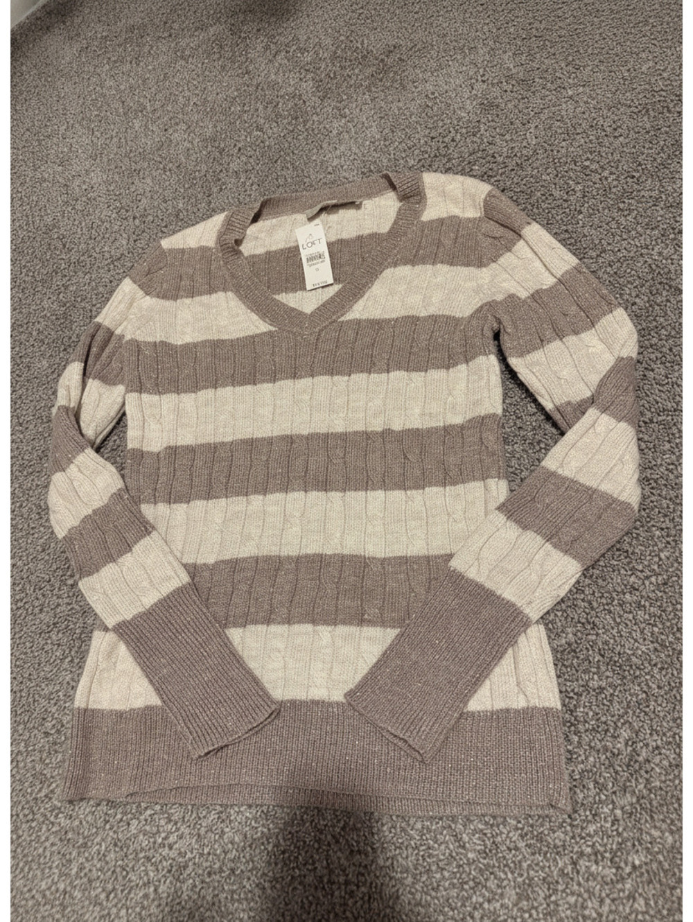 LOFT Striped Cable Knit V-Neck Sweater Size S